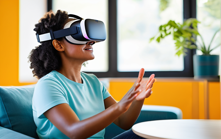 재활치료 장비 리뷰 - **Image Prompt 1: Immersive VR Rehabilitation for Stroke Recovery**
    "A cheerful, middle-aged wom...