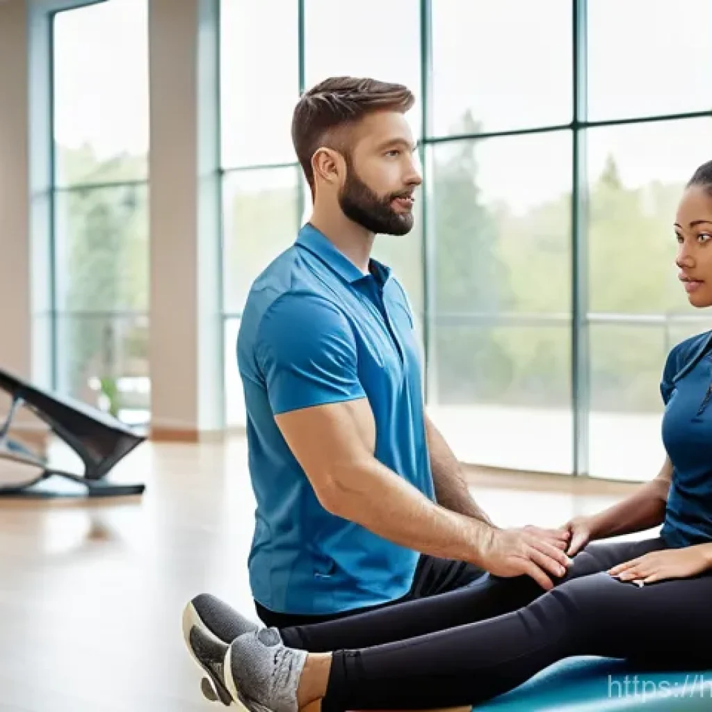 골절 재활치료 성공 사례 - **Prompt:** A compassionate physical therapist, wearing professional attire, gently assists a young ...