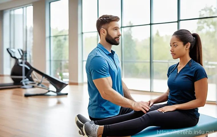 골절 재활치료 성공 사례 - **Prompt:** A compassionate physical therapist, wearing professional attire, gently assists a young ...