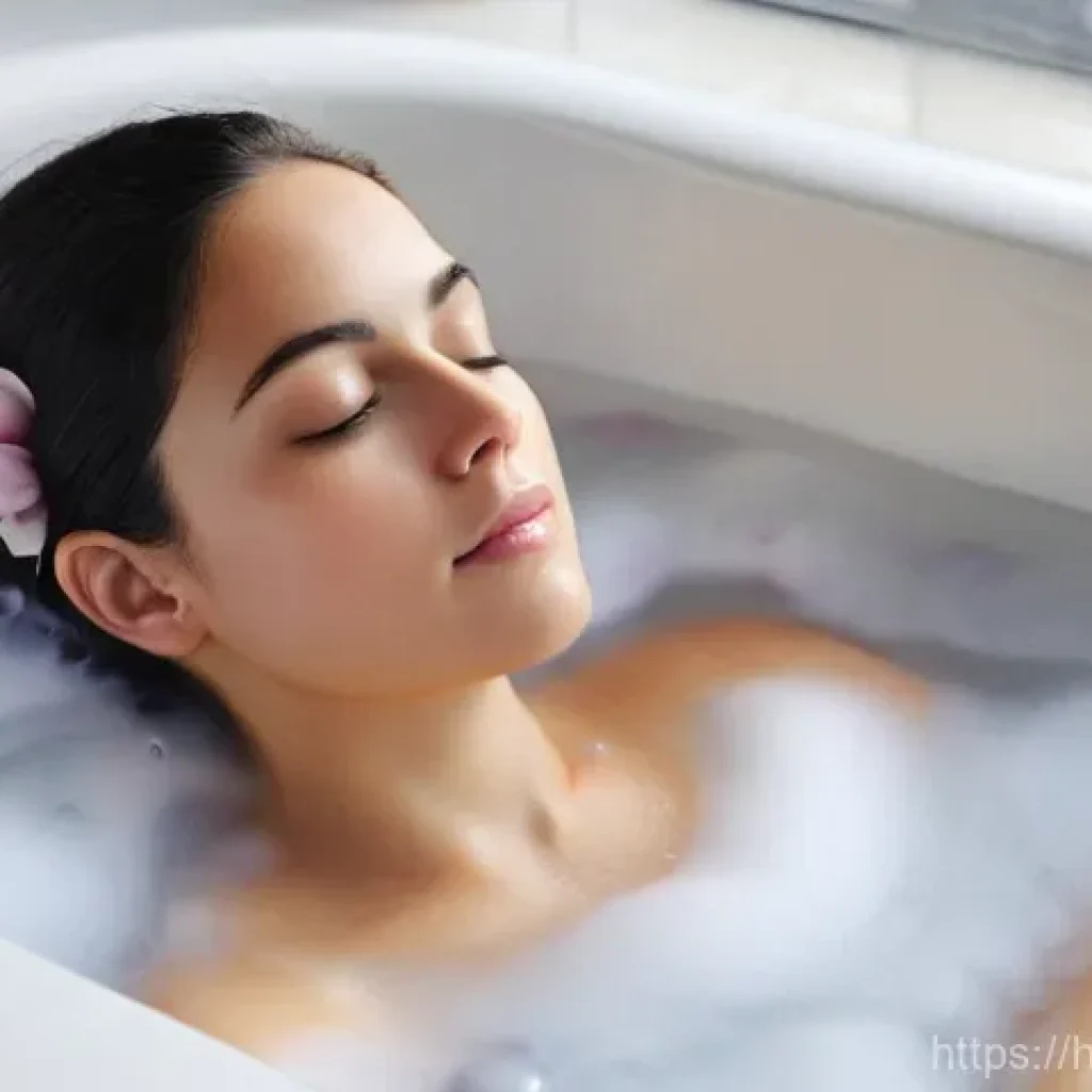 근육 이완 치료법 - **Prompt: Serene Epsom Salt Bath Relaxation**
    A peaceful scene of a woman, in her late 20s to ea...