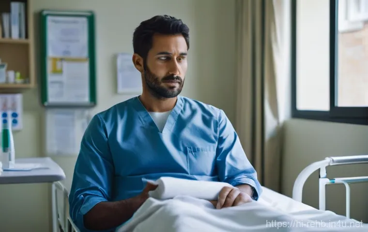 골절 재활 의료보험 청구 사례 - **Prompt:** "A person in their late 30s, dressed in comfortable, modest casual clothes, sitting on a...