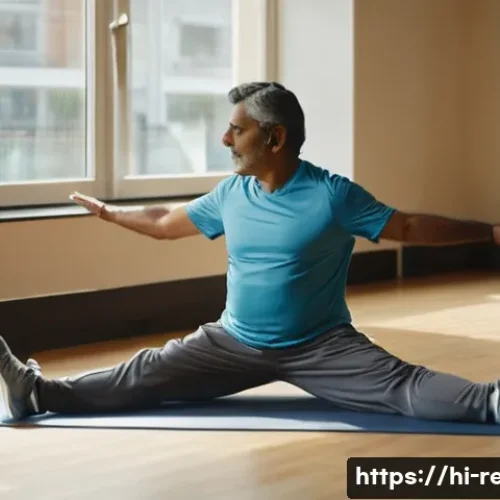 퇴행성 관절염 재활 방법 - A middle-aged Indian man performing gentle knee stretching exercises indoors, wearing comfortable sp...