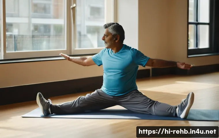 퇴행성 관절염 재활 방법 - A middle-aged Indian man performing gentle knee stretching exercises indoors, wearing comfortable sp...