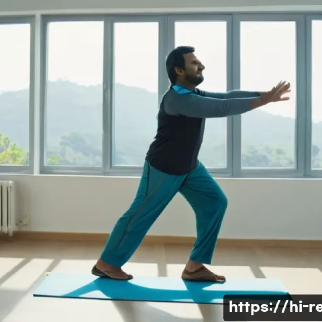 뇌졸중 환자 회복 운동법 - A middle-aged Indian man performing slow stretching exercises in a bright, airy rehabilitation room ...