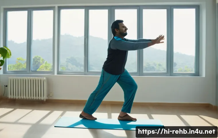 뇌졸중 환자 회복 운동법 - A middle-aged Indian man performing slow stretching exercises in a bright, airy rehabilitation room ...