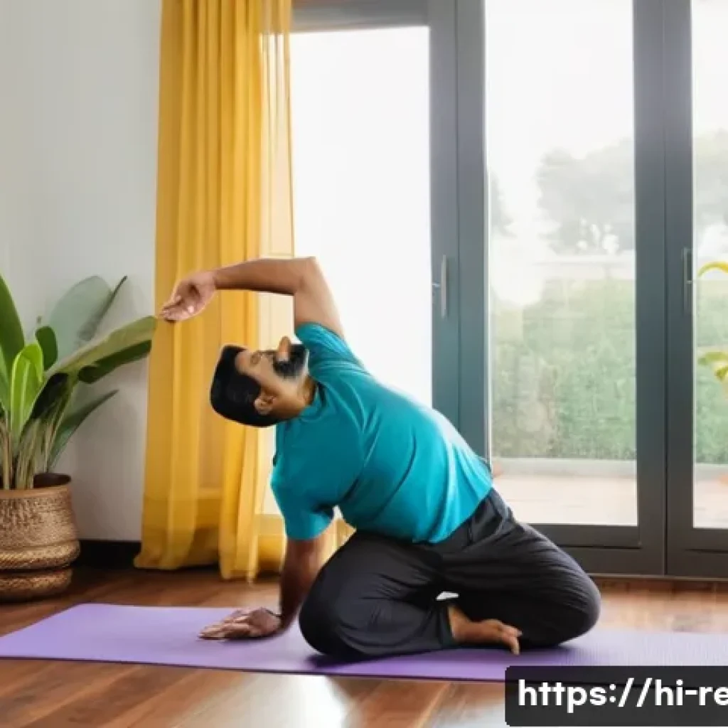 척추디스크 재활 방법 - A middle-aged Indian man performing gentle morning stretching exercises in a bright, airy living roo...