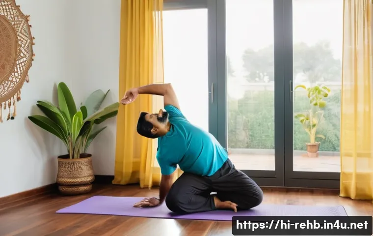 척추디스크 재활 방법 - A middle-aged Indian man performing gentle morning stretching exercises in a bright, airy living roo...