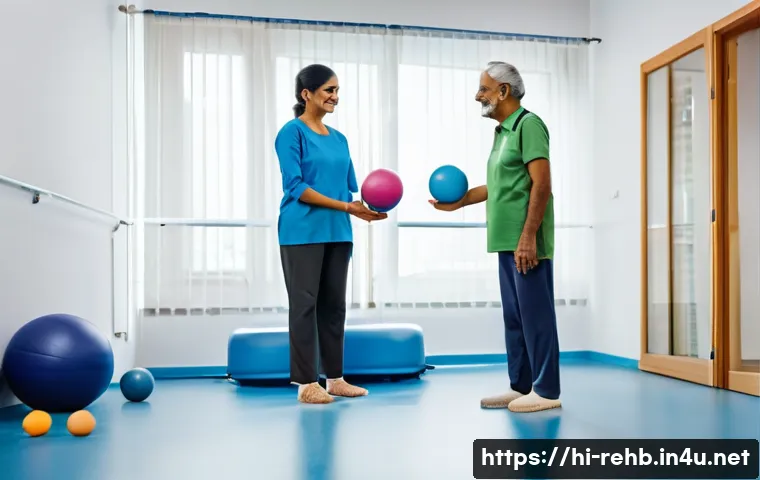 사지마비 재활 비용 - A caring physiotherapist in a modern rehabilitation clinic, assisting a middle-aged Indian patient w...