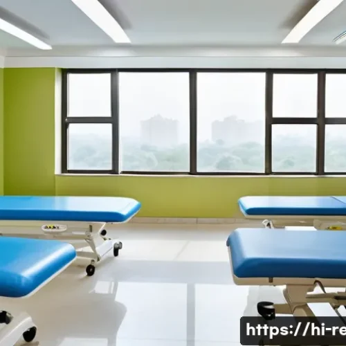 Home 33 재활치료 비용 비교 - A modern rehabilitation center in a bustling Indian city like Delhi, showcasing a bright, clean ther...
