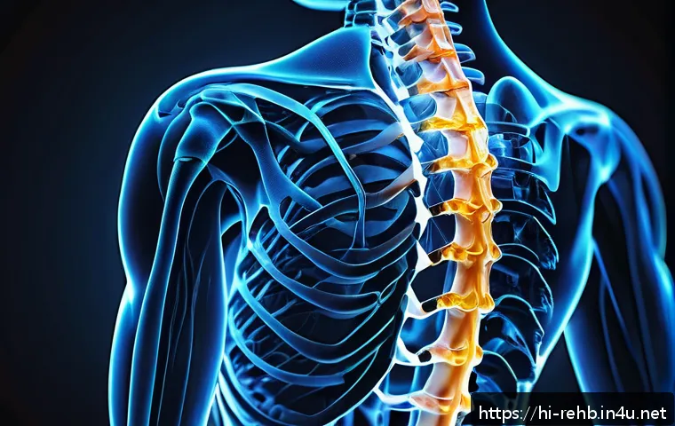 척추재활 치료 후기 - A detailed educational illustration showing the human spine structure from a side view, highlighting...