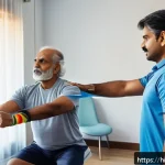 Home 18 재활운동과 요가 차이 - A serene indoor rehabilitation clinic scene showing a middle-aged Indian man wearing comfortable ath...