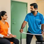 Home 23 재활의학과 검진 비용 - A detailed scene inside a modern rehabilitation clinic in India, showing a middle-aged Hindi-speakin...