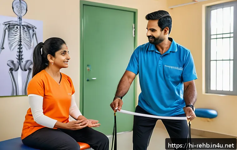 재활의학과 검진 비용 - A detailed scene inside a modern rehabilitation clinic in India, showing a middle-aged Hindi-speakin...