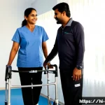 척추 손상 환자 성공 사례 - Photorealistic uplifting rehabilitation success scene in a modern Indian physiotherapy clinic, a mid...