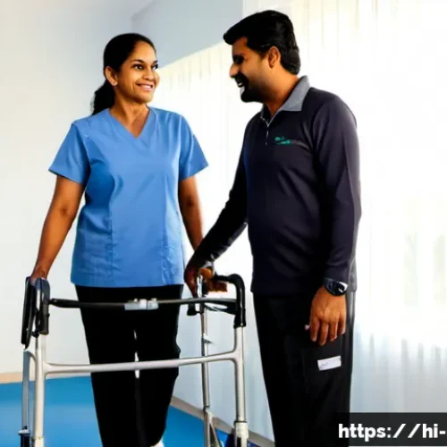 척추 손상 환자 성공 사례 - Photorealistic uplifting rehabilitation success scene in a modern Indian physiotherapy clinic, a mid...