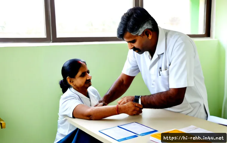 재활치료 의료보험 적용 기준 - Photorealistic Indian physiotherapy clinic, middle-aged Indian patient performing guided knee rehabi...