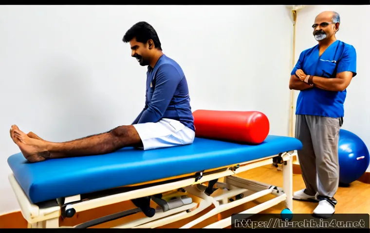 Home 17 허리디스크 치료와 재활 차이 - Photorealistic split-scene healthcare comparison: on the left, a middle-aged Indian man receiving ge...